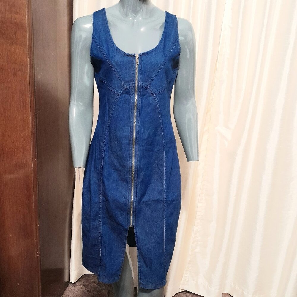 Denim Zippered Front Sun Pattern Fitted Sleeveless Midi Dress Junior Size L